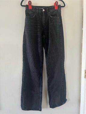 Zara Black Faded Wash High Rise Straight Leg Jeans 2 Baggy Relaxed Fit Casual